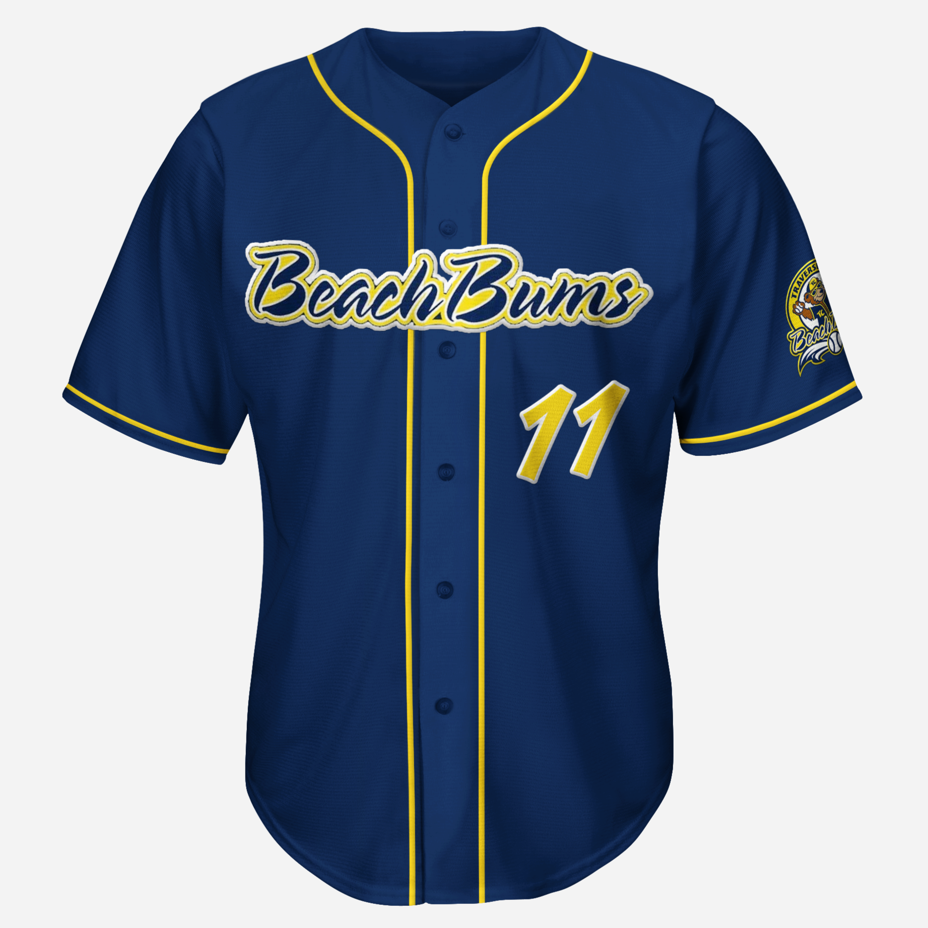 Traverse City Beach Bums Jersey blue with yellow piping. Beach Bums script logo with white and yellow trim. Gold numbers with white trim Royal Retros