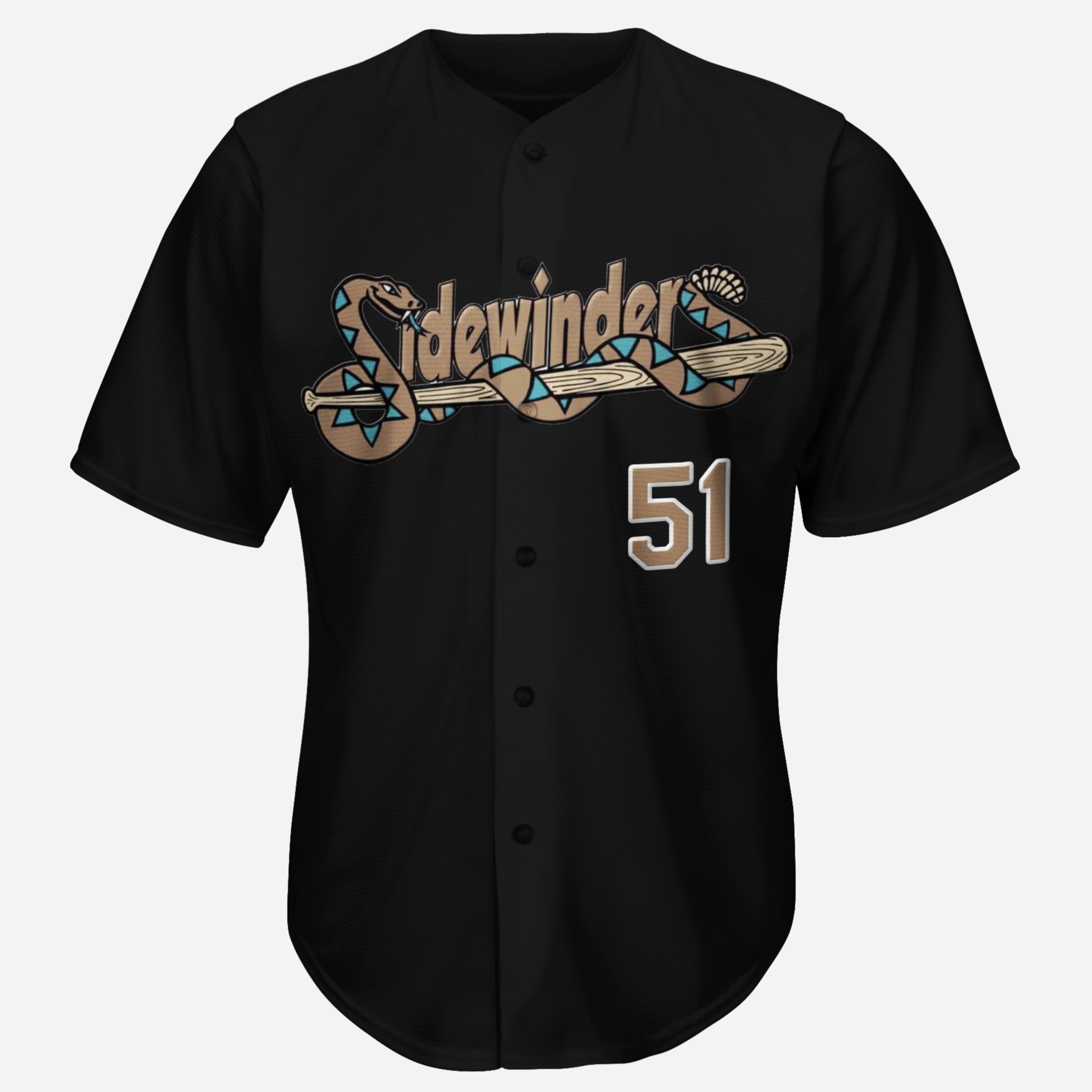 Tucson Sidewinders Jersey black. Sidewinders logo with snake forming S in Sidewinders across chest. #51 in red with white trim below right. Royal Retros. 