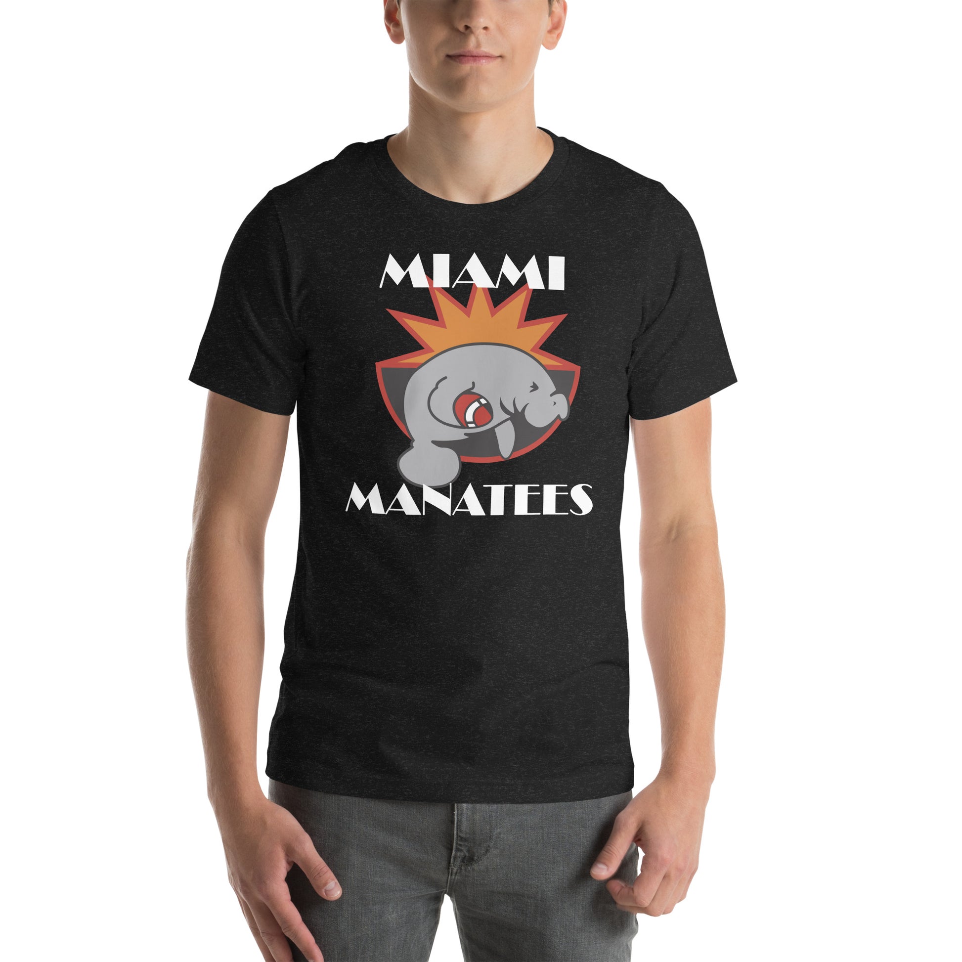 Miami Manatees T-Shirt  black. Manatee holding football leaping on front of half sun with orange trim and aqua bowl. Miami in Broadway Script aqua above Manatees in Brush Script aqua below. Royal Retros.