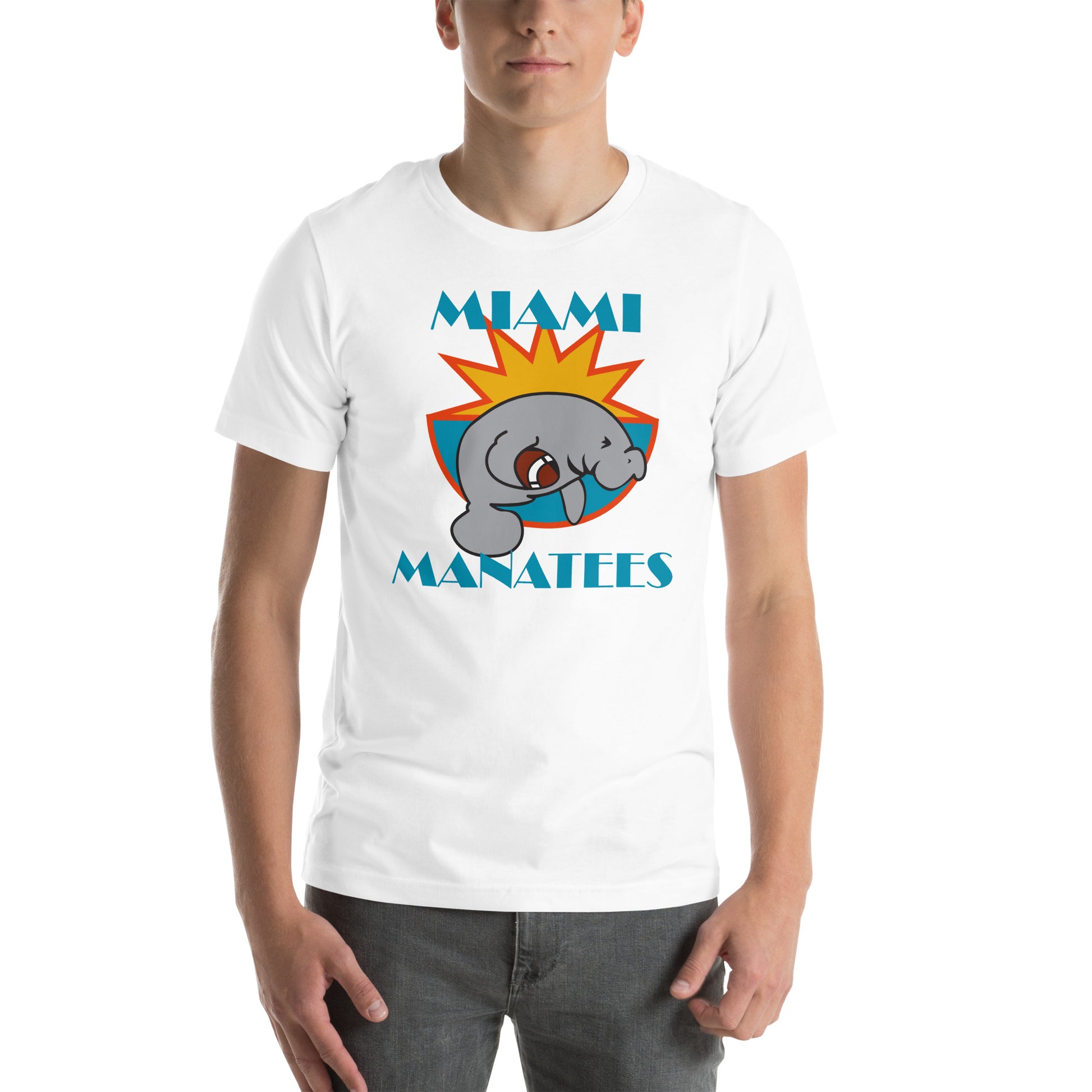 Miami Manatees T-Shirt white. Manatee holding football leaping in front of half sun with orange trim  and aqua bowl. Miami in Brush Script aqua above Manatees in Broadway Script aqua below. Royal Retros.