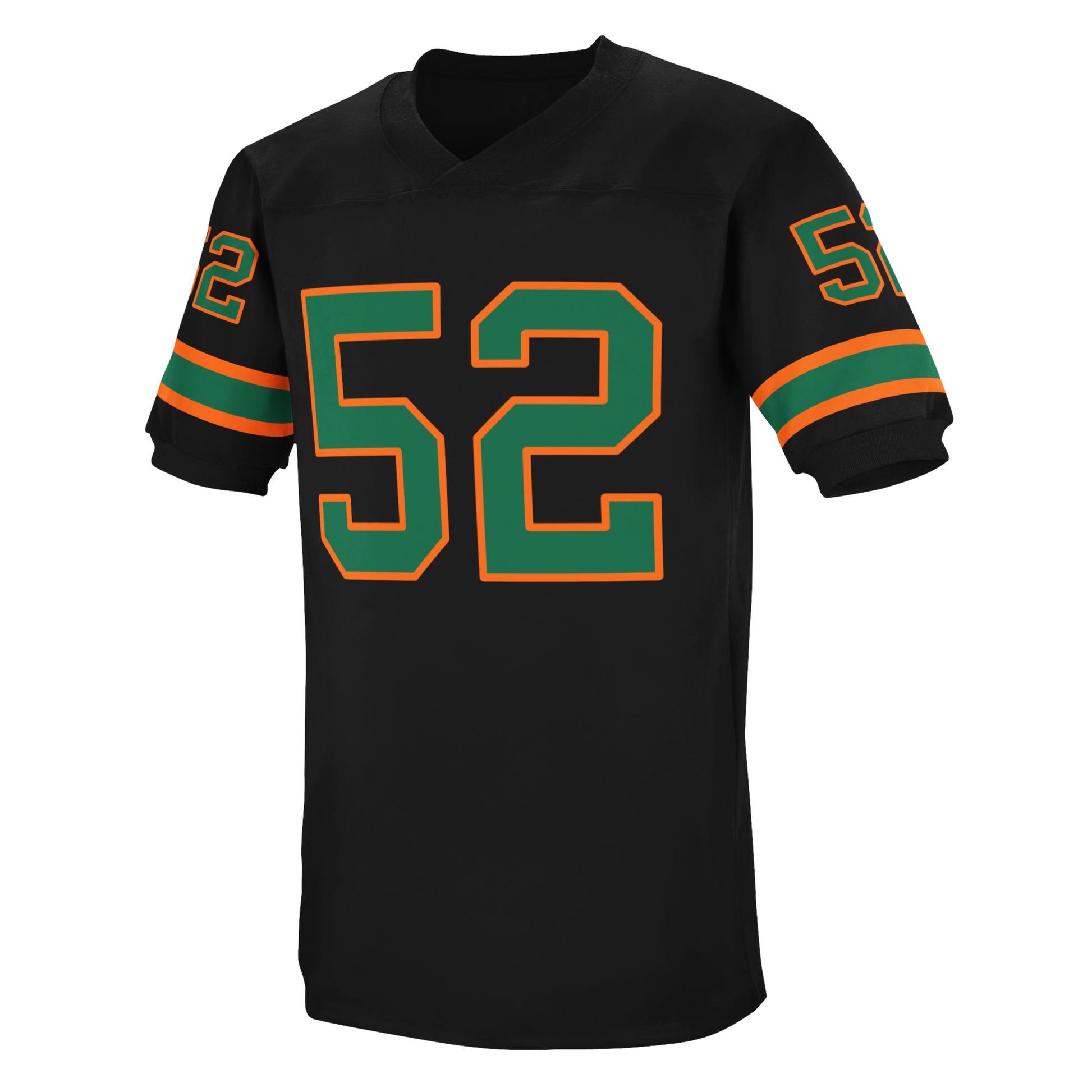 University of Miami jersey black. Orange, green, orange stripes just above sleeve ends. #52 in green with orange trim, large on chest, small on sleeves. Royal Retros