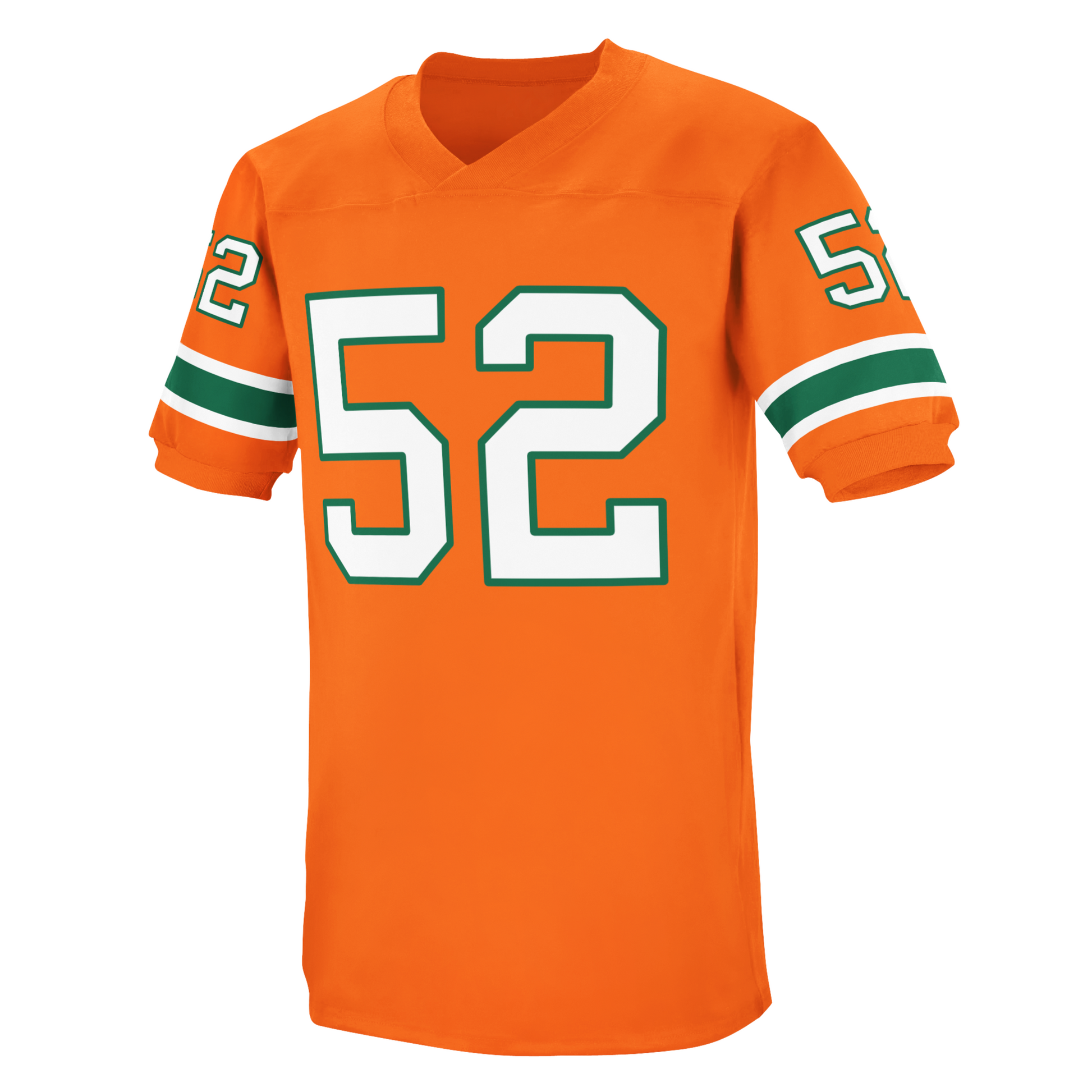 University of Miami jersey orange. White, green, white stripes just above sleeve ends. #52in white with green trim, large on chest, small on sleeves. Royal Retros