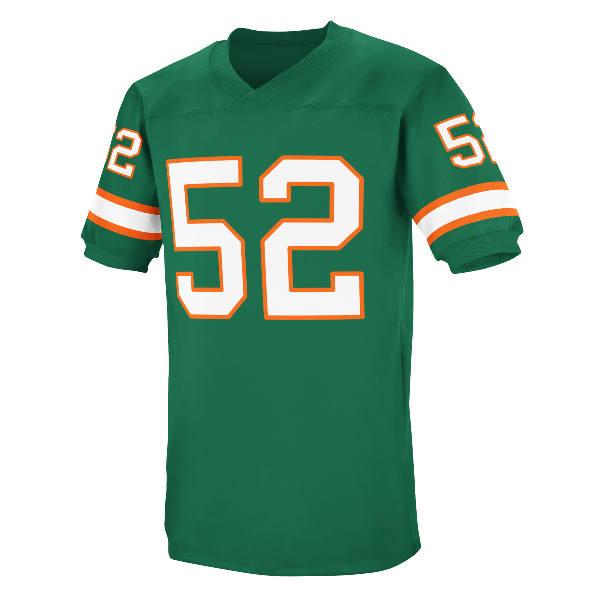 University of Miami jersey green. Orange, white, orange stripes just above sleeve ends. #52 in white with green trim, large on chest, small on sleeves. Royal Retros