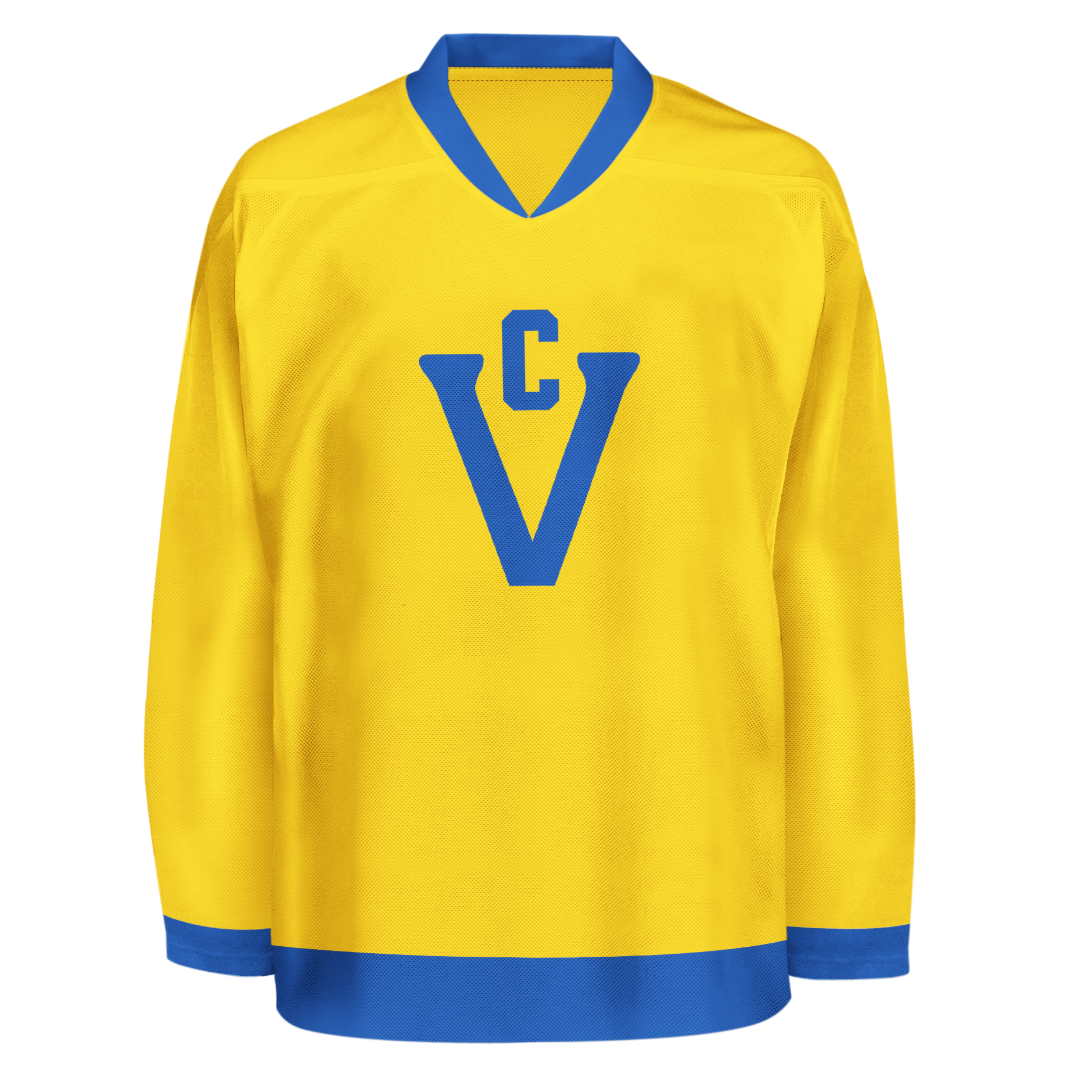 Victoria Cougars Jersey Yellow. blue trim around neck, waist, and ends of sleeves. Large blue V with a small white C just inside opening of V. Royal Retros