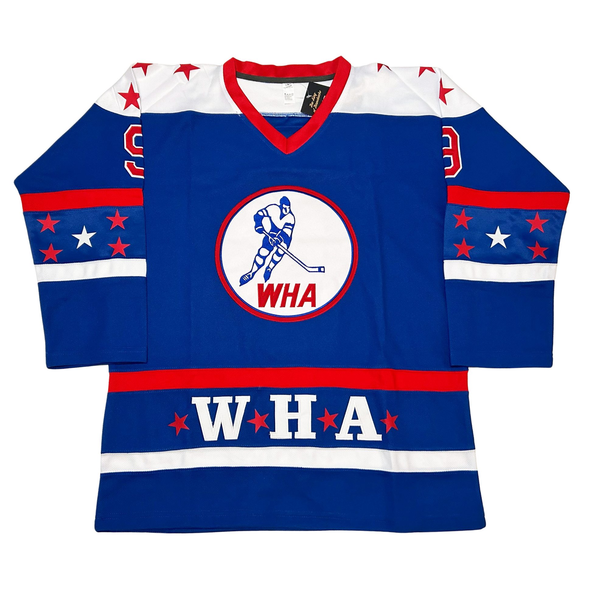 WHA All-Star Jersey. Blue. Red collar. White shoulder with red stars. Red band mid-sleeve, 4 red stars and one white star, white band below. Red band around waist. WHA in white with red stars before, after and between letters. White banc below. WHA logo. Red circle, white background, blue skater, WHA in red at bottom of circle. Royal Retros