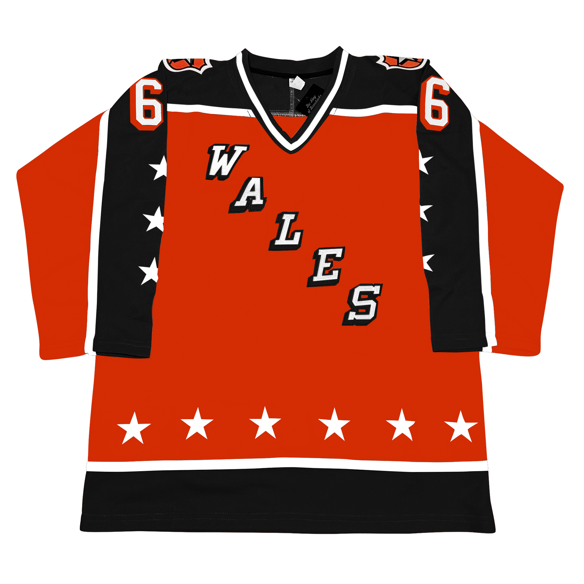 Prince of Wales Conference All-Star Hockey Jersey. Orange. Black shoulders and half black sleeves with white trim. 3 white stars on black part of sleeves. WALES diagonal left down to right, white letters with black trim. Thin white and wide black band at waist. Black, white, and black collar. 6 white stars above bands on waist. #66 in white with white trim on sleeves. Royal Retros.