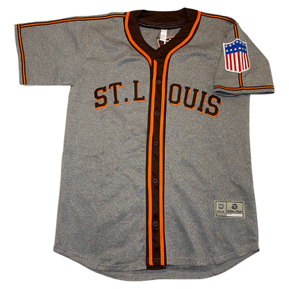 St Louis Browns Block Letters Jersey road pepper gray with orange and brown piping. St. Louis across chest in brown with orange trim Royal Retros  