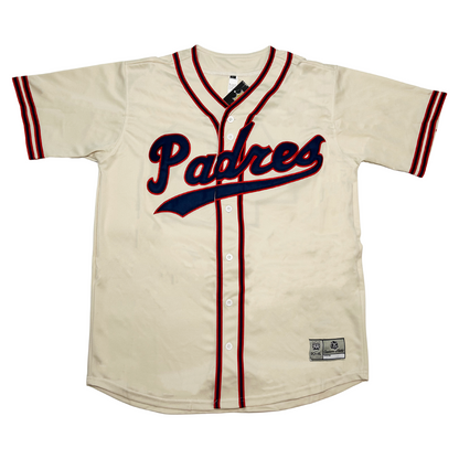 PCL Padres Home button-down 1950 white jersey. Padres in cursive, blue with red trim with a text tail below. Red and blue sleeve ends and red and blue piping around neck and down both sides of buttons.  Royal Retros