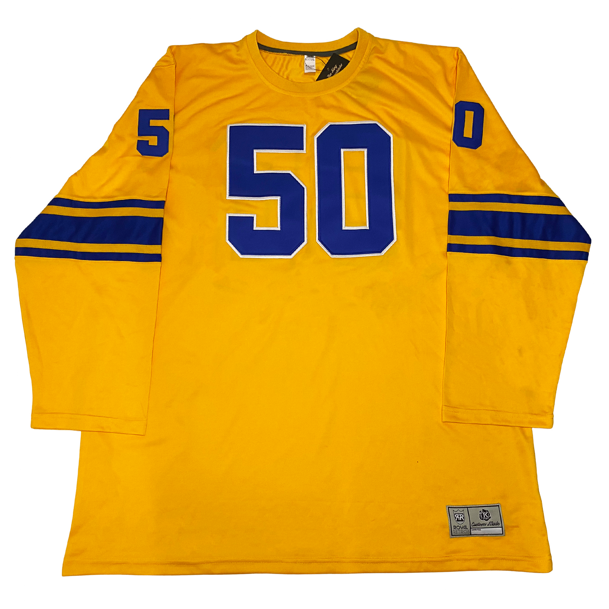 1950 Los Angeles Rams football jersey. Yellow. Thin blue, gold, thick blue, thin gold, thin blue striped mid sleeve. #50 blue with white trim large on chest, small on shoulders.  Royal Retros