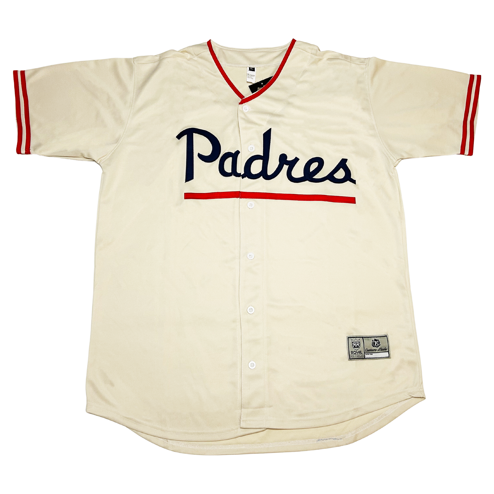 1952-PCL San Diego Padres Home button-up Jersey cream. Red collar. Two red stripes at sleeve ends. Padres blue in cursive across chest with red line below. Royal Retros