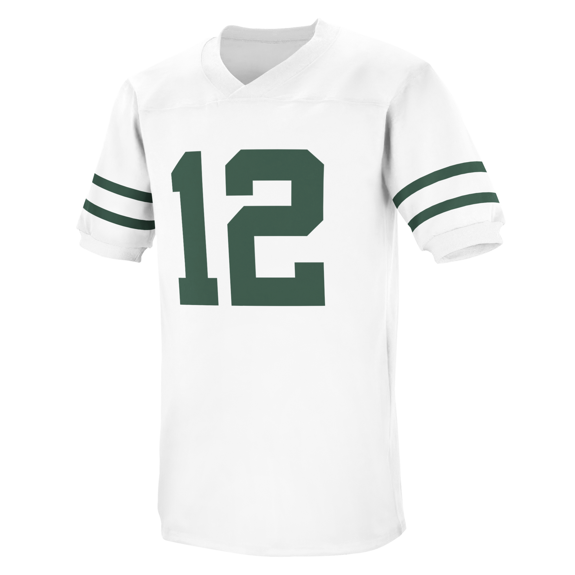 1953 Green Bay Packers jersey white. Short sleeve. Two green rings at sleeve ends. #12 in green large on chest. Royal Retros