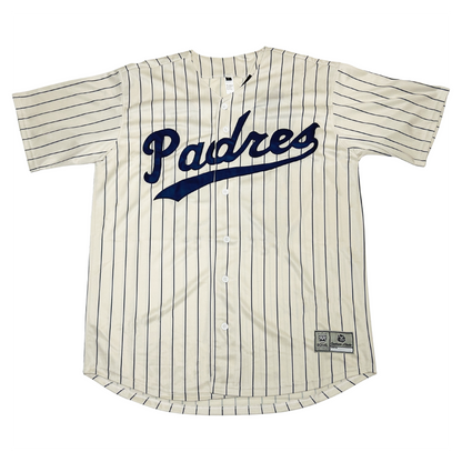 1953 PCL San Diego Padres Home button-up Jersey. White. Navy pinstripes. Navy trim on collar. Padres in navy cursive across chest with text tale. Royal Retros