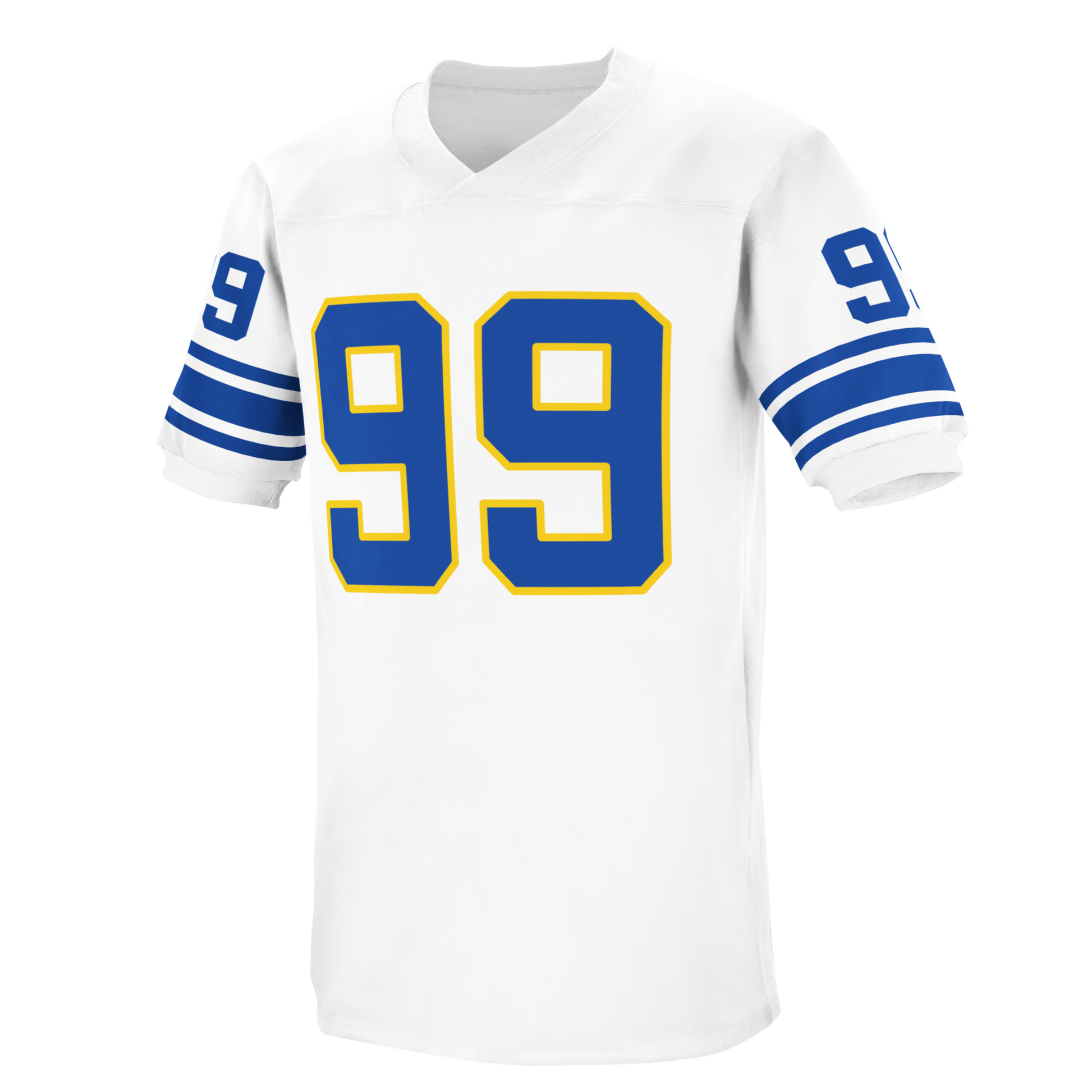 1957-1961 LA Rams Jersey. White. Thin blue, thick blue, thin blue stripes on sleeved. #99 small on shoulders. #99 in blue large on chest with gold trim. Royal Retros