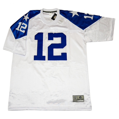 Dallas Cowboys jersey, 1960 white. #12 in blue large on chest. Blue shoulders with white star and white #12. Royal Retros