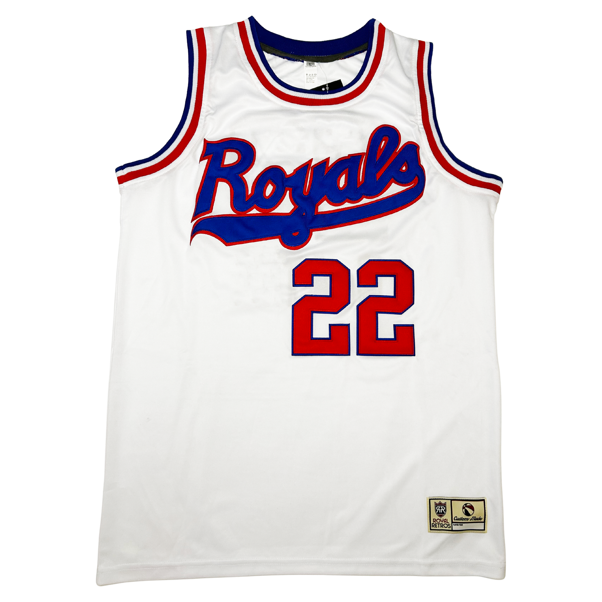 1971 Royals Jersey Cincinnati white with red and blue trim. Royals script across chest in blue with red trim and text tail below. front view #22 in red with blue trim below logo Royal Retros