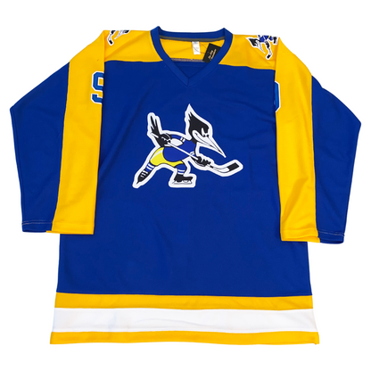 1974 Phoenix Roadrunners Jersey blue with half gold sleeves. Gold white and gold band on bottom. Roadrunner holding a hockey stick large on chest, small on shoulders. Royal Retros.