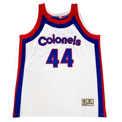 Kentucky Colonels Jersey 1975 white with blue and red trim down  sides and around neck. Colonels in blue with red trim.  #44 in blue with red trim below. Royal Retros