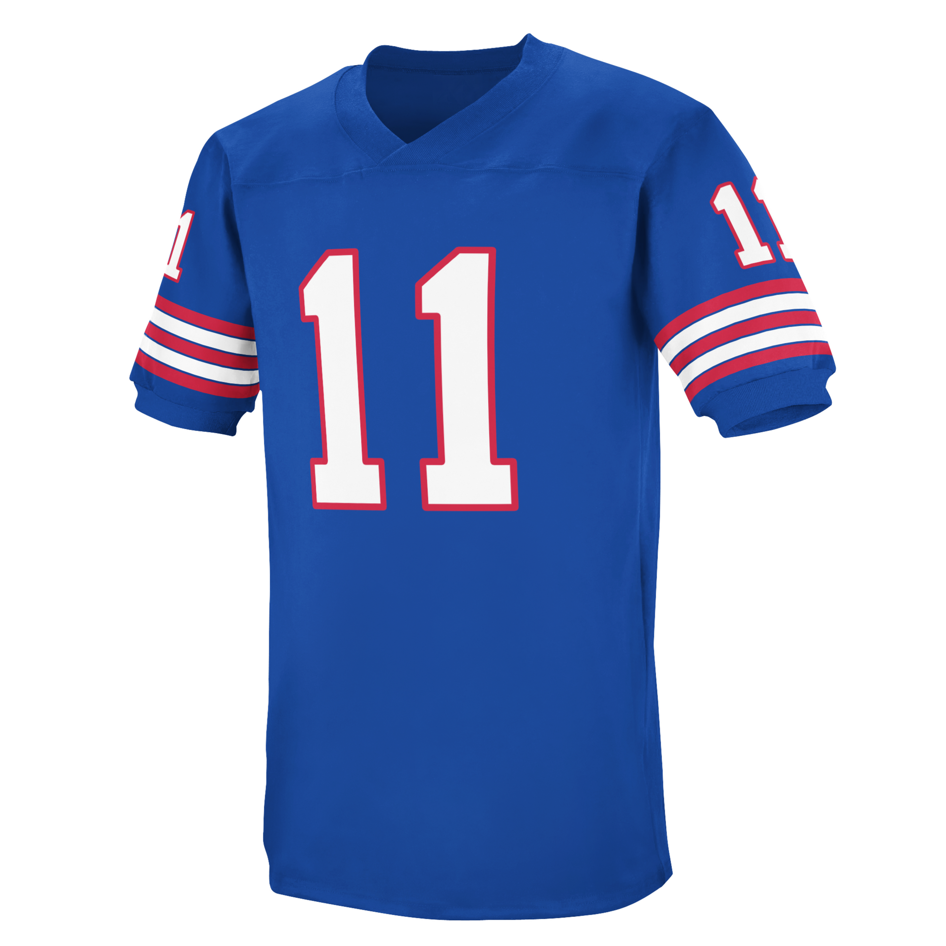 1978 New York Giants jersey. Blue with red and white stripes on sleeves. #11 in white with red trim on chest and shoulders. Royal Retros