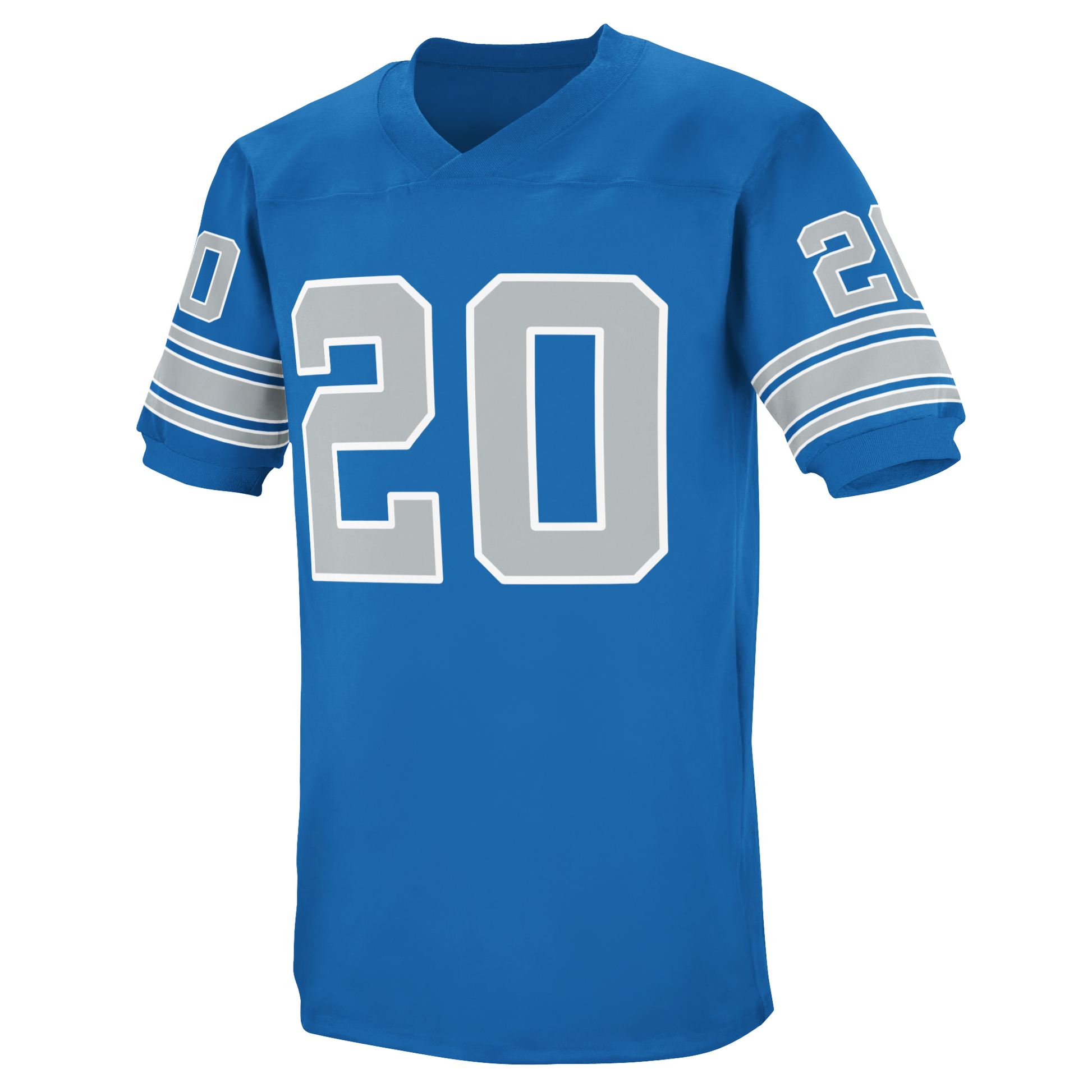 1980 Detroit Lions jersey. Blue. Small, white, silver, white bands on sleeve ends then thick silver, thin white, thick black, thin white then silver, thin white. Large silver #20 with white trim on chest, small on sleeve. Royal Retro