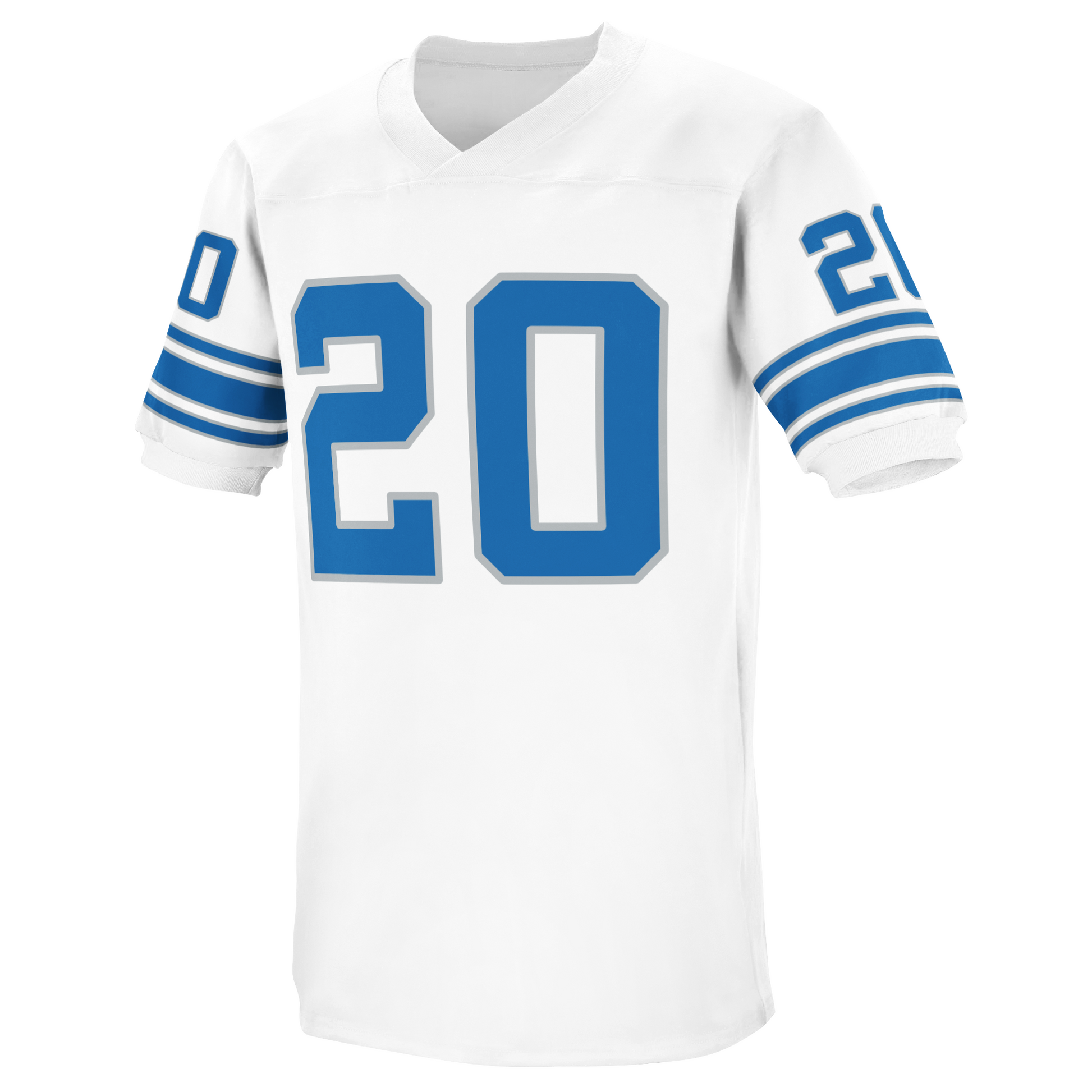 1980 Detroit Lions jersey. White. Small, silver, blue silver bands on sleeve ends then white, thin white, thick blue, thin white then blue. Large blue #20 with silver trim on chest, small on sleeve. Royal Retros