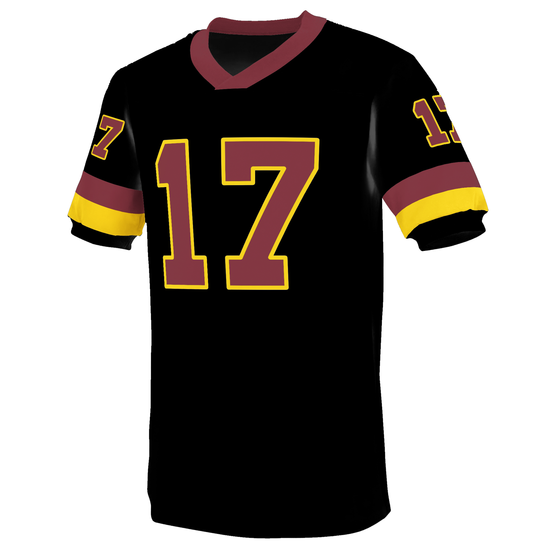 Washington Redskins 1980s jersey black. Maroon and gold bands and sleeve ends. #17  large in maroon with gold trim large n chest, small on sleeves. Maroon neck. Royal Retros