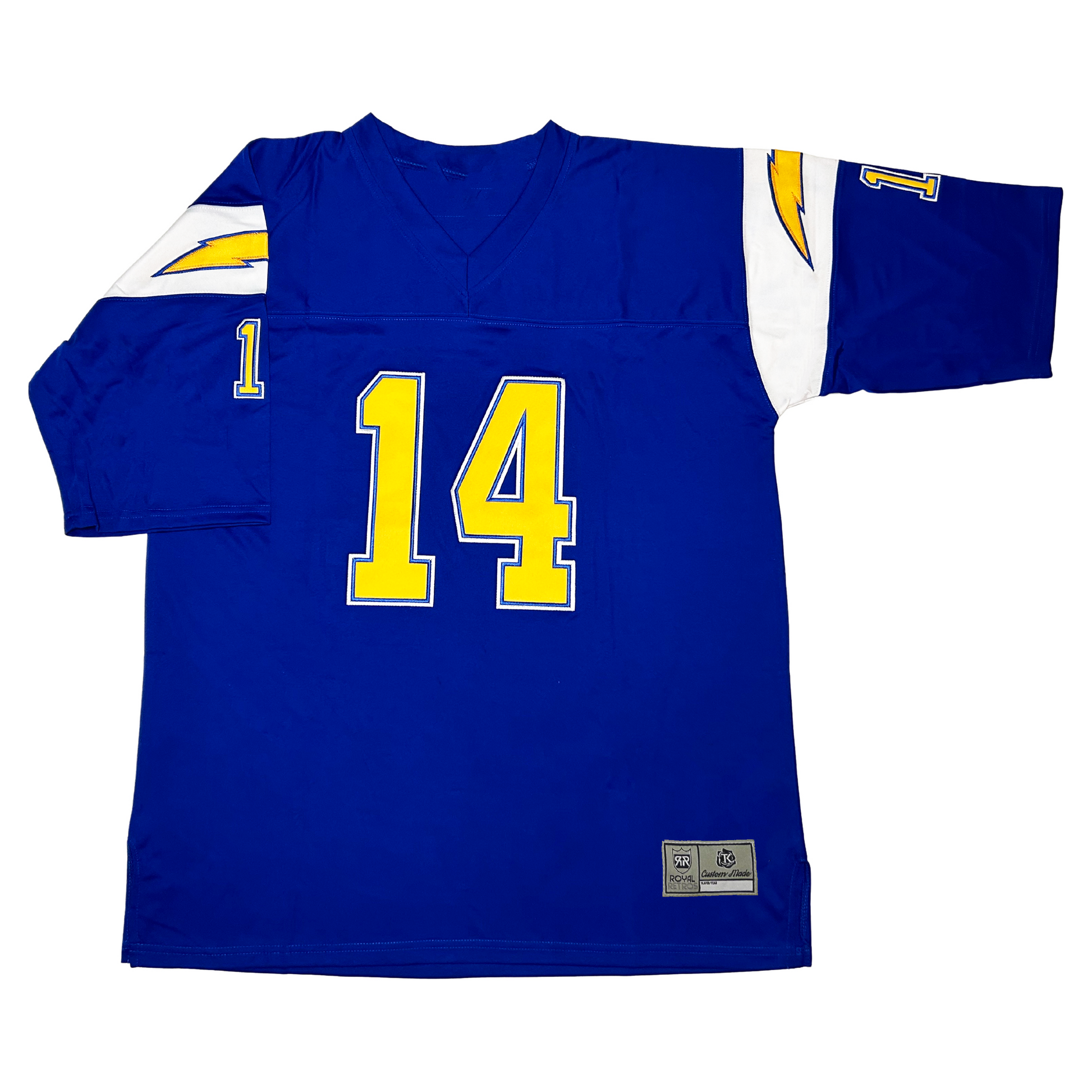 1982 San Diego Chargers football jersey. Royal.  White bands at shoulders with yellow lightning bolt. #14 in yellow with white trim large on chest small on sleeves.  Royal Retros