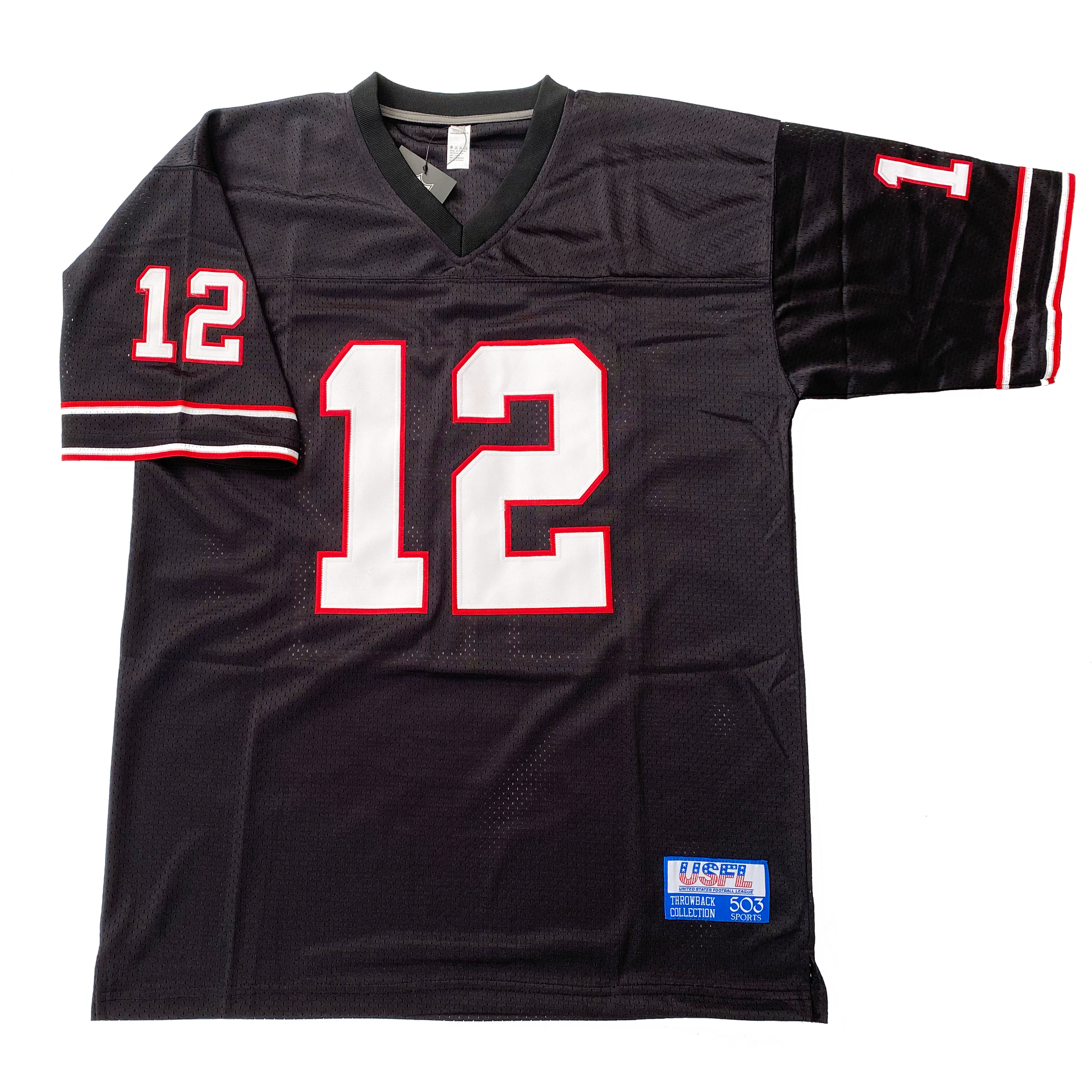 Houston Gamblers USFL Jim Kelly  football  Jersey. Black. Two red white and red stripes on sleeve ends separated by a thicker black ban.  #12 in white with red trim large on chest small on sleeves. Royal Retros