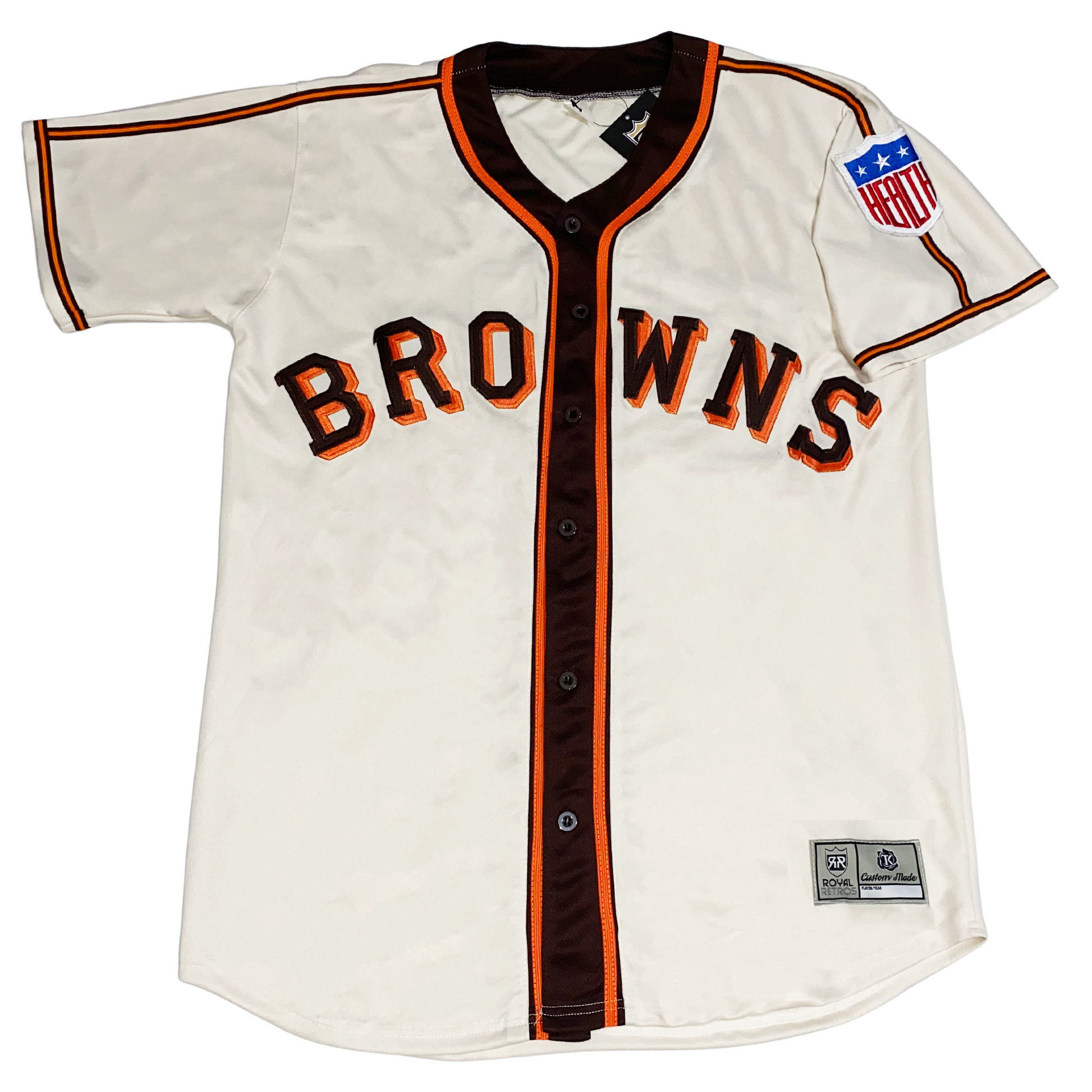 St Louis Browns Block Letters Jersey white with brown and orange piping. Browns in brown with orange trim across chest Royal Retros