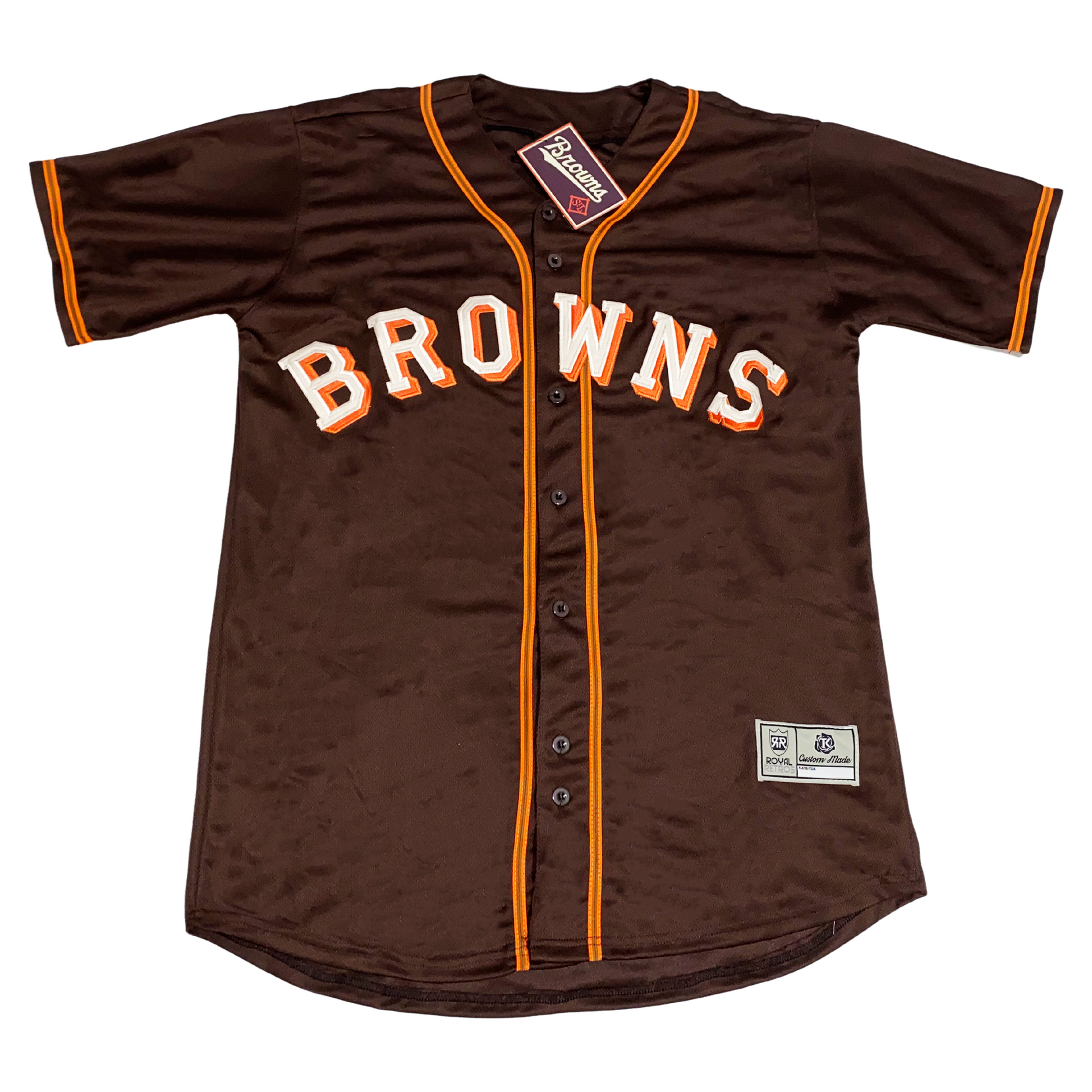 St Louis Browns Block Letters Jersey brown with orange piping. Browns in white with orange trim across chest Royal Retros