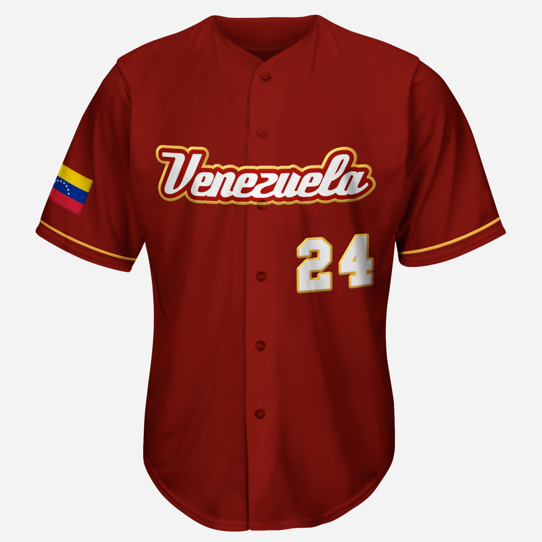 Venezuela-2006 button-up maroon jersey. "Venezuela" in cursive across chest with gold trim. #24 below right in white with gold trim. Thin gold stripe at sleeve ends. Venezuela flag on right shoulder. Royal Retros