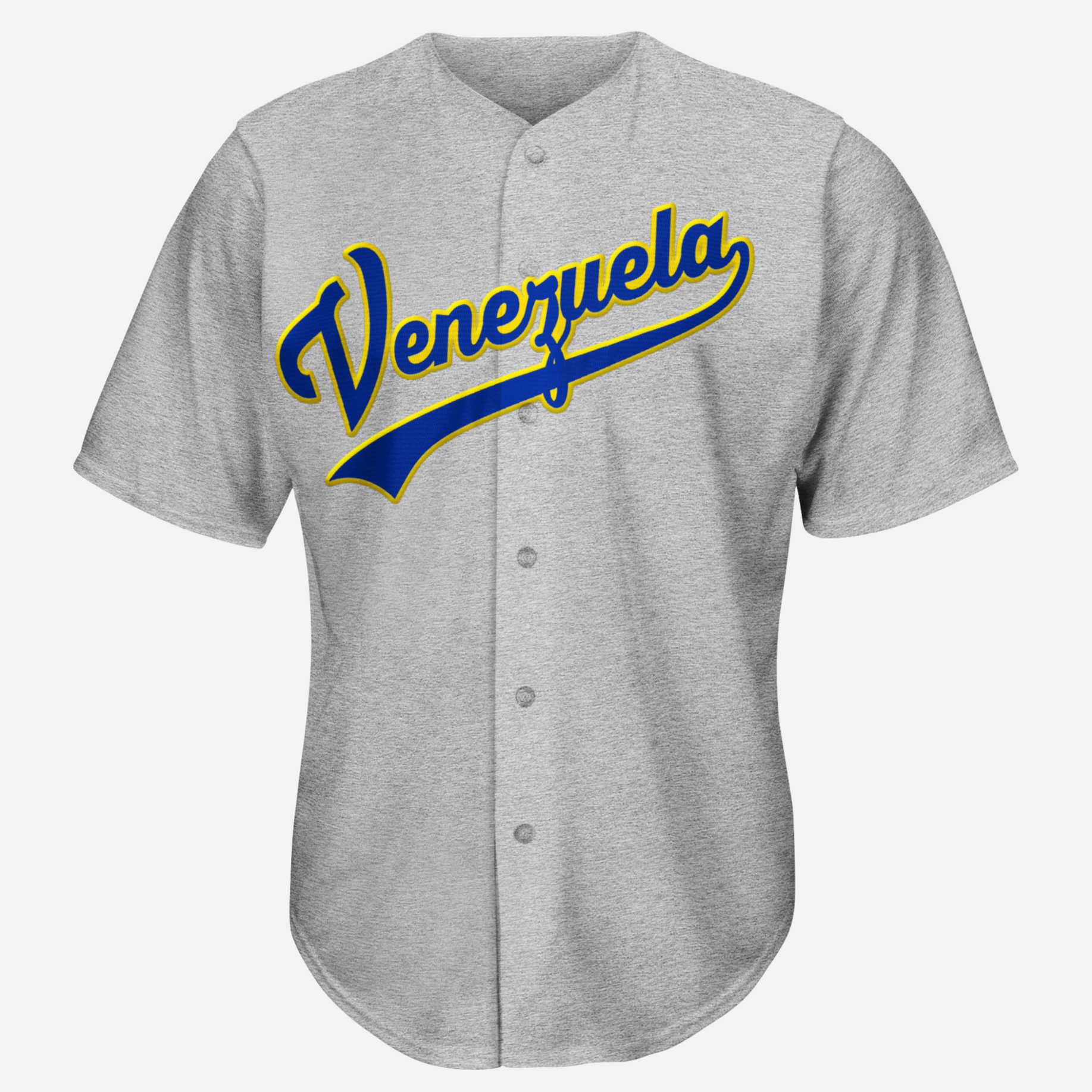 Venezuela button-up Baseball Jersey. Gray. "Venezuela" in cursive angled across chest in blue with gold trim and text tail underneath. Royal Retros