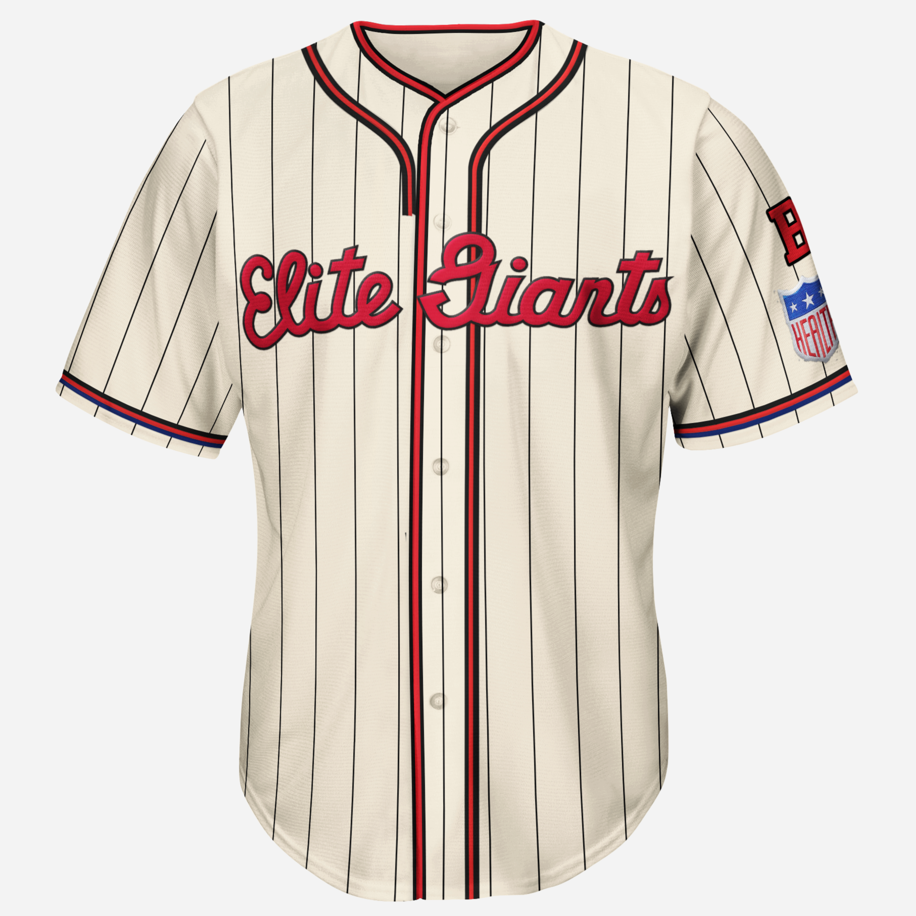 baltimore elte giants negro league button-up jersey. Cream with black stripes. Black, red, and black stripes at sleeve ends, around neck and down both sides of buttons. Royal Retros. Elite Giants in cursive in red across chest. Royal Retros