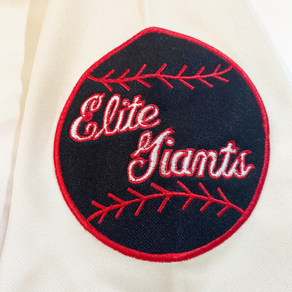 Baltimore Elite Giants patch Black with red detail red stitching Elite Giants in cursive in white with red trim. Royal Retros