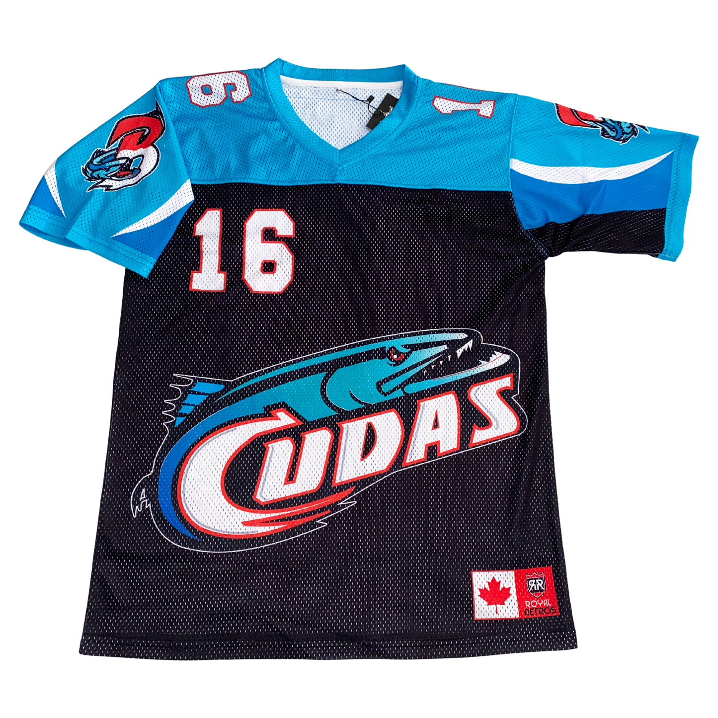 Birmingham Barracudas Jersey black with teal shoulders white #16 Royal Retros