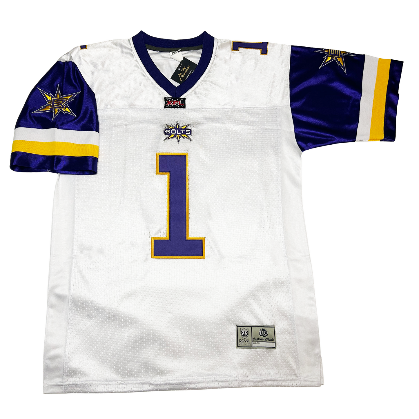 Birmingham Bolts XFL Jersey white with purple and gold shoulders and purple #1 Royal retros