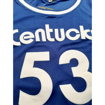 Kentucky Colonels Jersey blue close-up #53 in white with Kentucky above in white. Artis Gilmore Royal Retros