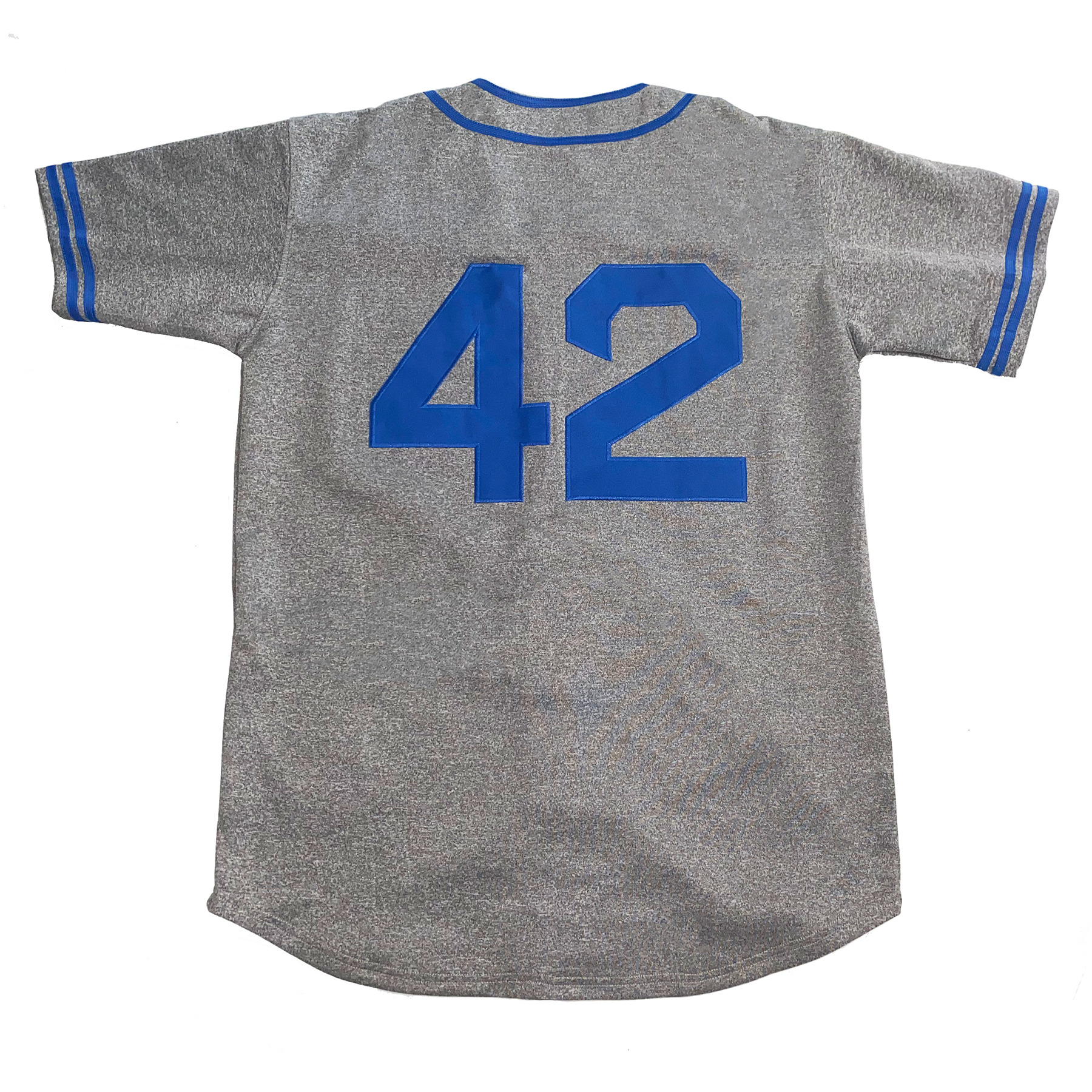 Brooklyn Dodgers pepper gray baseball jersey back. Blue stripes at sleeve ends and around neck. #42 in blue large on back. Royal Retros