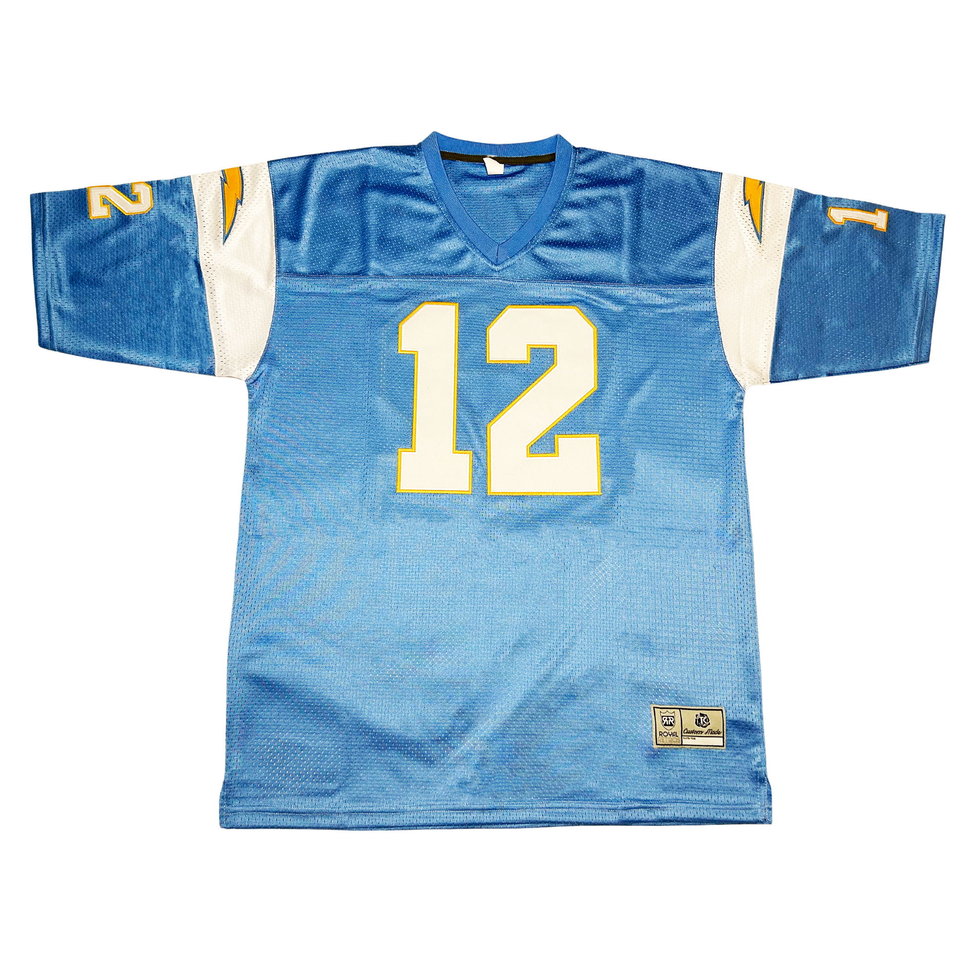 San Diego Los Angeles Chargers jersey. Light blue. White band on shoulders with yellow lightning bolts. #12 white with yellow trim large on chest small on sleeve ends. Royal Retros