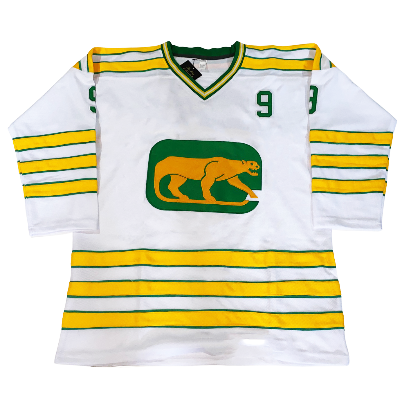 Chicago Cougars Jersey yellow. Three green, yellow, and green bands on sleeves and waist and shoulders. #9 in green with gold trim on upper left chest.  Logo: Profile of gold cougar on green background. Royal Retros