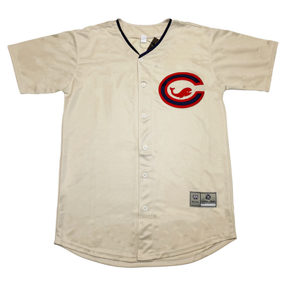 Chicago Whales button-up Jersey cream. Blue collar.  Oval C in blue outlined in red with red whale in center on upper left chest. Royal Retros