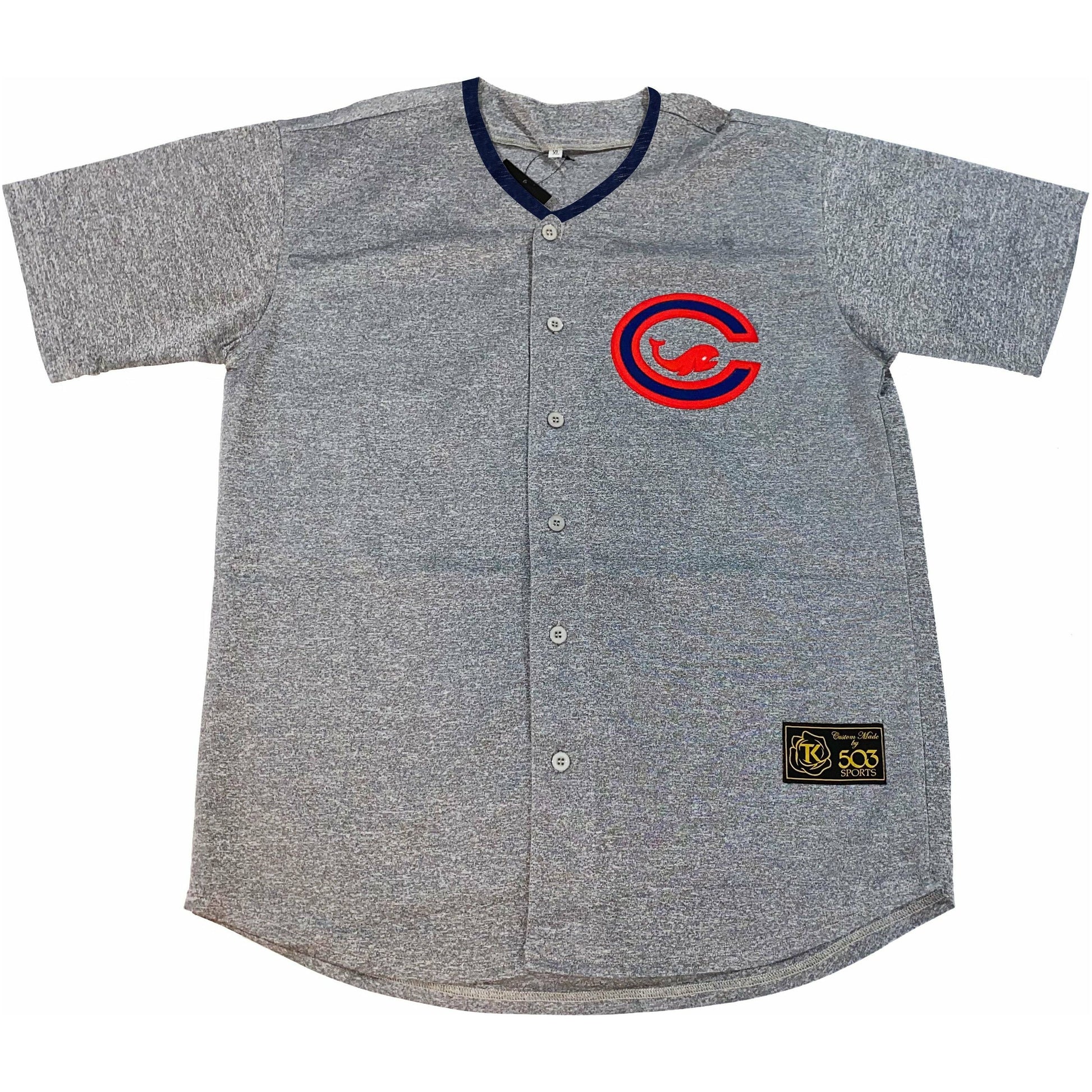 Chicago Whales button-up Jersey gray. Blue collar.  Oval C in blue outlined in red with red whale in center on upper left chest. Royal Retros