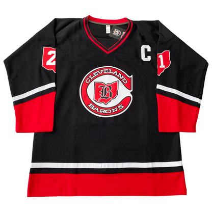 Cleveland Barons Jersey front black with white and trim on sleeves and waist front #21 in white on red Ohio Maruk Barons C logo on chest, captain C on left shoulder Royal Retros