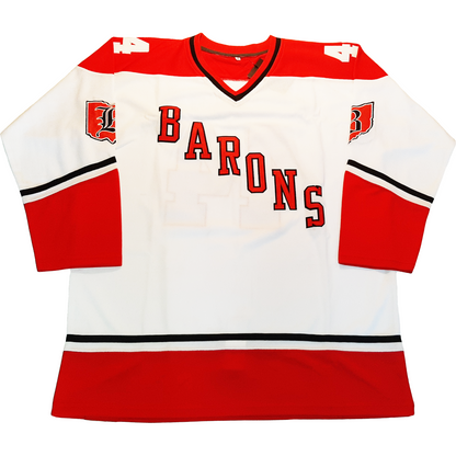 Cleveland Barons Jersey proposed Barons diagonal in red down front from left to right descending. Red and black trim on shoulders and waist Barons B in black on red Ohio on upper sleeve Royal Retros