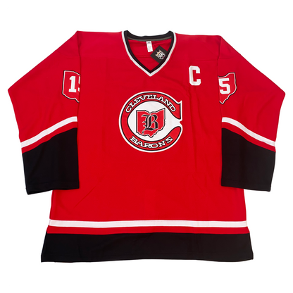 Cleveland Barons Jersey red with white and black trim on sleeves and waist. Barons logo on  chest #15 inside Ohio on upper sleeve front Royal Retro