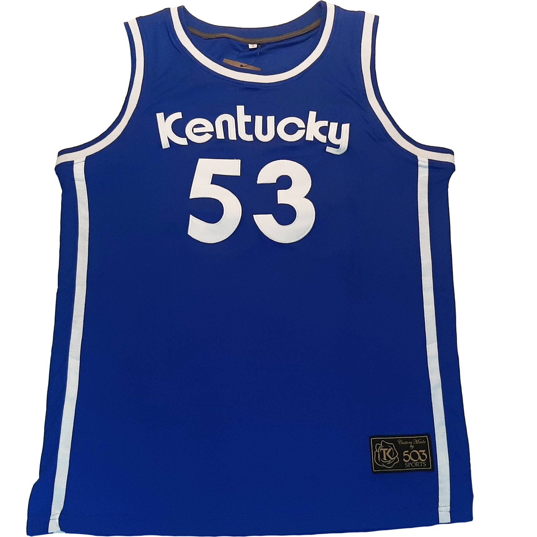 Kentucky Colonels #53 Gilmore Jersey blue with white trim down sides and around neck. Kentucky on chest in white with #53 below.  Royal Retros