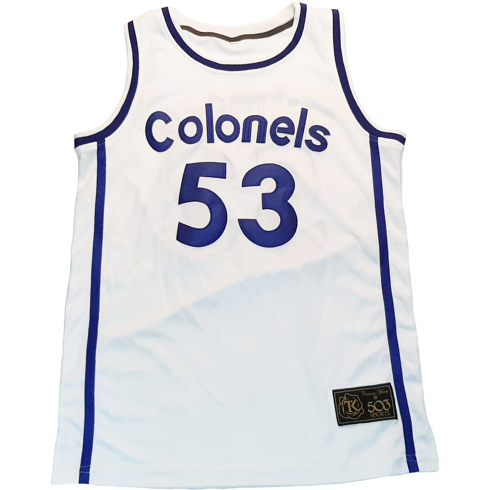 Kentucky Colonels Jersey white with blue trim down sides and around neck. Colonels on chest in blue #53 in blue below. Artis Gilmore Royal Retros