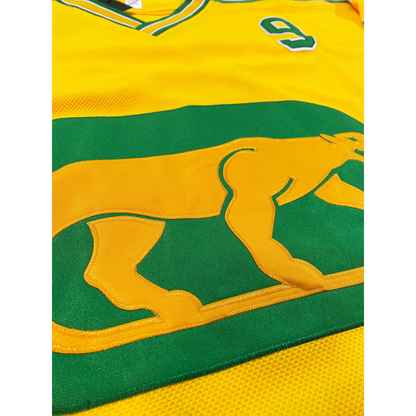 Chicago Cougars Jersey yellow green logo close-up Royal Retros