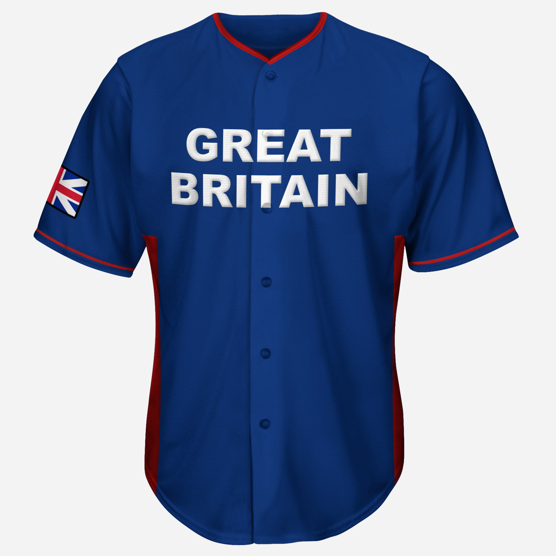 Great Britain world baseball classic button-up jersey. Blue. Block letters "Great" above "Britain" in white across chest. Union Jack on lower right sleeve. Red collar, sleeve ends, and sides. Royal Retros