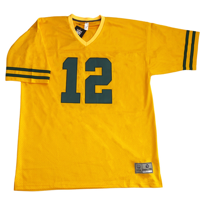 1952 green bay packers jersey. Yellow. Short sleeve. Two green rings at sleeve ends. #12 in greenm large on chest. Royal Retros