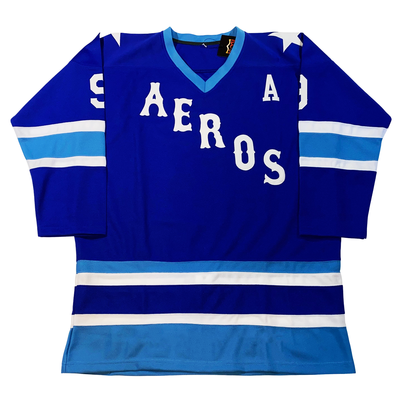 Houston Aeros Jersey blue Alternate captain. Royal blue with white and light blue trim on sleeves and waist. Aeros in white diagonal upper left to lower left Royal Retros